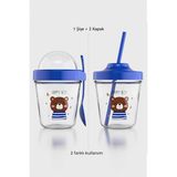Renga Mila Happy Boy Ayıcık Desenli Tritan Çocuk Seti Pipetli Kapak ve Müsli Kapak 712009 Mavi - 1 Adet - 350 ml