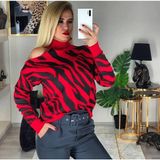 Renga Style Rengastyle Kadın Omuz Detaylı Desenli Triko Kazak (Renk Seçenekli) - Kırmızı - Standart