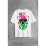 Rengarenk Kafatası Skull Head Gökkuşağı Renkleri Sırt Ön Baskılı Oversize Tişört T-Shirt - Beyaz - 2XL