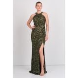 Renk Kadın Halter Yaka Full Payetli Maxi Abiye Elbise 5284 Haki