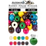 Renkli Ahşap Boncuk 32Mm 10 Lu 1 Paket Renkli Ahşap Boyalı Yuvarlak Doğal Boncuklar Saç Takı Tasarım Ektinlik Kreş Okul