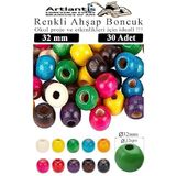 Renkli Ahşap Boncuk 32Mm 30 Lu 1 Paket Renkli Ahşap Boyalı Yuvarlak Doğal Boncuklar Saç Takı Tasarım Ektinlik Kreş Okul
