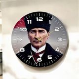 Renkli Baskı Atatürk Desenli Sayılı Hediyelik Ahşap Sessiz Duvar Saati 50cm ÇOk Renkli
