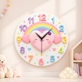 Renkli Baskı Kalp Çocuk Desenli Sayılı Hediyelik Ahşap Sessiz Duvar Saati 45CM