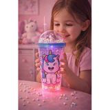 Renkli Boncuklu Sevimli Unicorn Tasarımlı 450 ML Led Işıklı Pipetli İçecek Bardağı Suluk Mavi 2646