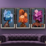 Renkli Buketli Afrikalı Kadınlar Temalı Aynalı Çerçeveli 3 lü Kanvas Tablo Seti 150x70 cm SETS0219