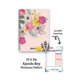 Renkli Çiçekler Spiralli Günlük Planlama Defteri - 100 Sayfa - 17x24 Planlayıcı Defter Beyaz - Mor