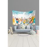Renkli Çocuklar Desenli Duvar Halısı Duvar Örtüsü Çocuk Odası Tapestry Süetimsi Dokulu%100 Polyester Kumaş