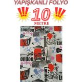 Renkli Duvarlar 45CM x 10 Metre 1 Rulo Folyo Yapışkanlı London Yazılı Kafe Mutfak Duvar Kaplama Folyosu Kağıdı - Siyah - Kırmızı - 45 x 1000 cm