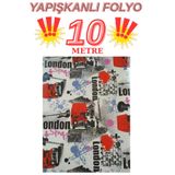 Renkli Duvarlar 45cm x 10 Metre 1 Rulo Folyo Yapışkanlı London Yazılı Kafe Mutfak Duvar Kaplama Folyosu Kağıdı