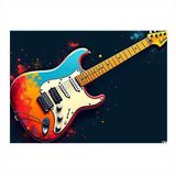 Renkli Elektro Gitar Çizimi Hediyelik Ahşap Tablo 25cmX 35cm