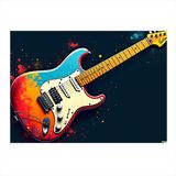 Renkli Elektro Gitar Çizimi Hediyelik Ahşap Tablo 35cm X50cm