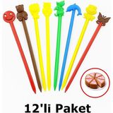 Renkli Figürlü Plastik Lolipop ve Elma Şekeri Çubuğu – Emoji & Hayvan Desenli Doğum Günü Sunum Çubuğu 12’li Paket