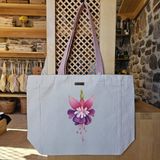 Renkli Fuchsia Çiçeği Tasarımı Flower Baskılı Naturel Kanvas Bez Çanta Pudra Sap Beyaz Cırt Cırtlı Suluk Tutuculu - Büyük - Büyük Baskı - 130-Krem Rengi