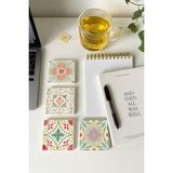 Renkli Geleneksel Motifli Doğal Taş Bardak Altlığı, Ev ve Ofis Dekoru, 4 Adet - 10 x 10 cm