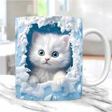 Renkli Gözlü Kedi (Soft Mavi) Baskılı 3D Efektli Hediyelik Porselen Kupa Bardak, Kedili Kupa Bardak - Beyaz - 300 ml