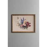 Renkli Gül ve Çiçek Buketi - Vintage Desenli Çerçeve - İnce Model, Altın2, 21 x 30
