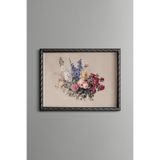 Renkli Gül ve Çiçek Buketi - Vintage Desenli Çerçeve - İnce Model, Gümüş, 15 x 21