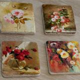 Renkli Güller Doğal Taş Bardak Altlığı 4'lü set - Natural Stone Coasters