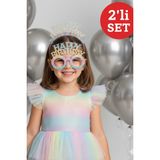 Renkli Happy Birthday Simli Doğum Günü Taç ve Gözlük Seti – 2’li Parti Aksesuarı Fotoğraf Konsepti