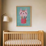 Renkli Kalemli Kedi Çocuk Odası Duvar Posteri Çerçeveli Tablo Duvar Dekorasyonu - 30 x 40 - Ahşap Çerçeveli