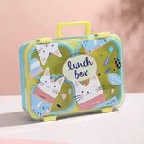 Renkli Kedi Desenli Beslenme Kutusu - 700 ml 3 Bölmeli Taşıma Kulplu Çocuk Beslenme Kabı PP (Mavi)