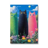 Renkli Kedi Heykelleri: Bahar Bahçesi - Manzara Metal Tablo - Mıknatıslı Montaj - Duvar Dekoru