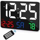 Renkli LED Dijital Duvar Saati 25x16 cm Büyük Ekran, Siyah | Uzaktan Kumandalı, Tarih Gün Sıcaklık, Alarm Özelliği, 4 Kademeli Parlaklık