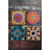 Renkli Mandala Doğal Taş Traverten Bardak Altlığı 4 Lü Set