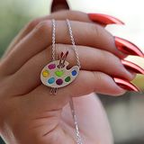 Renkli Mineli Resim Paleti Tuval Gümüş Kolye - Gümüş - Beyaz