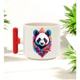 Renkli Panda Tasarımlı Kırmızı T Kulplu Seramik Baskılı Kupa Bardak 250 ml - 1 Adet