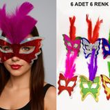 Renkli Parti Maskesi 6'lı | Tüylü Karton Maske Seti (Lastikli) (5264)