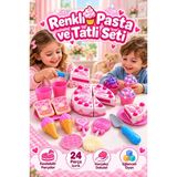 Renkli Pasta Ve Tatlı 24 Parça Gerçekçi Görünümlü Eğitici Eğlenceli Oyuncak Pasta Çay Seti