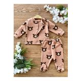 Renkli Puset 2'li Pamuklu Alt Üst Patikli Bebek Pijama Takım Ayı Kahve