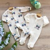 Renkli Puset 2'li Penye Bebek Tulum Takım Araba - 6 - 9 Ay - Ekru