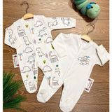 Renkli Puset 2'li Penye Bebek Tulum Takım Dinazor - 3-6 Ay - Ekru