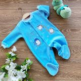Renkli Puset Kadife Bebek Tulum Penguen Ekru Pembe Mavi - 3 - 6 Ay