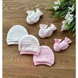Renkli Puset Penye 3'lü Şapka 3'lü Eldiven Bebek Takım Çizgi - 0 - 3 Ay - Pembe