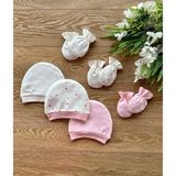Renkli Puset Penye 3'lü Şapka 3'lü Eldiven Bebek Takım Puan - 0 - 3 Ay - Pembe
