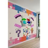 Renkli Puzzle Çerçeveli, Robotik Kodlama, Akıl Oyunları, STEM ve Zeka Temalı Tek Parça Tekstil Duvar Kağıdı, 200 x 100