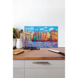 Renkli Sanatsal Şehir Cam Kesme Tahtası, Silikon Ayaklı Isıya Kırılmaya Dayanıklı, Sunum Tablası - 23 x 35 cm