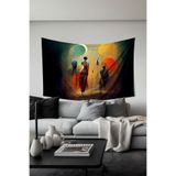 Renkli Silüetler Desenli Duvar Halısı Duvar Örtüsü Tapestry Süetimsi Dokulu%100 Polyester Kumaş