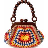 Renkli Tığ İşi Bohem El Çantası Ahşap Boncuklu Sap | Koton İp, İçi Astarlı, El Emeği Özel Tasarım, Renkli Granny Square, Günlük Kullanım