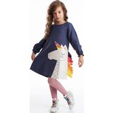 Renkli Unicorn Kız Çocuk Dokuma Lacivert Kışlık Elbise