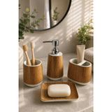 Renkli Ürün 4 Parça Dekoratif Seramik Banyo Seti Ceviz Ahşap Desenli D155-10