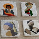 Renkli Vektör İnci Küpeli Kız ve Portreler Doğal Taş Bardak Altlığı 4'lü set - Natural Stone Coasters