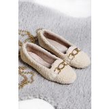 Renklibutik Peluş Tüylü Zincirli Kadın Ev Ayakkabısı Babet