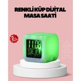 Renklime Kronometre ve Takvim Destekli Renk Değiştiren LED Dijital Küp Saat - Ahşap