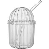renovon 500ml Cam Kapaklı Pipetli Bardak, Kalın Çizgi Desenli Sıcak Soğuk İçecekler için Kahve Meyve Suları, Çayları için Brokosilikat BPA İçermeyen Sağlıklı Ergonomik Şık Tasarım