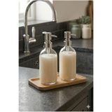 Reona 2’li Yuvarlak Cam Sıvı Sabunluk Seti Gümüş Basma Başlıklı Bambu Standlı Banyo & Mutfak Organizer Dekoratif